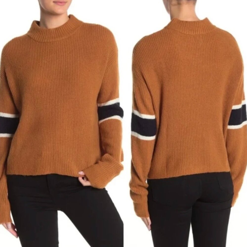 John + Jenn Brown & Navy Varsity Stripe Long Sleeve Mock Neck Sweater, Size L